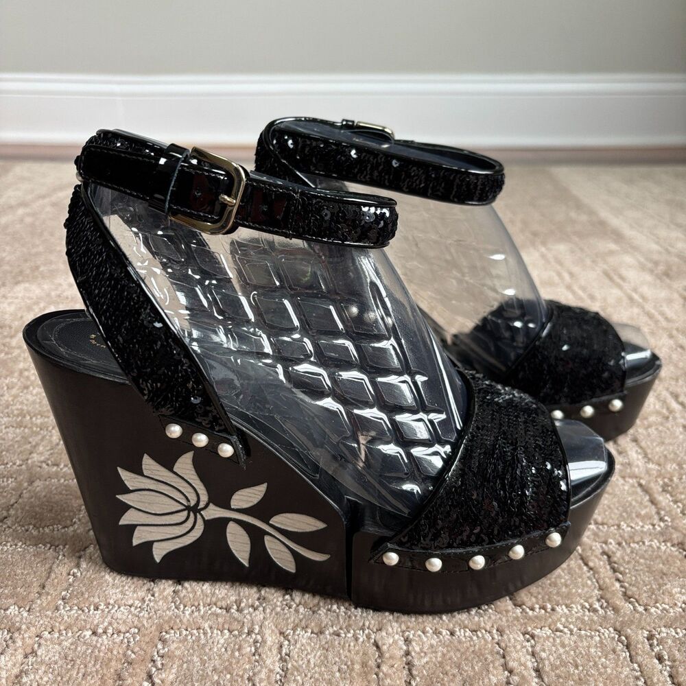 CHANEL 2016 Black Sequin Pearl Studded Wedge Sandals 38.5 Hinged Wood Platform